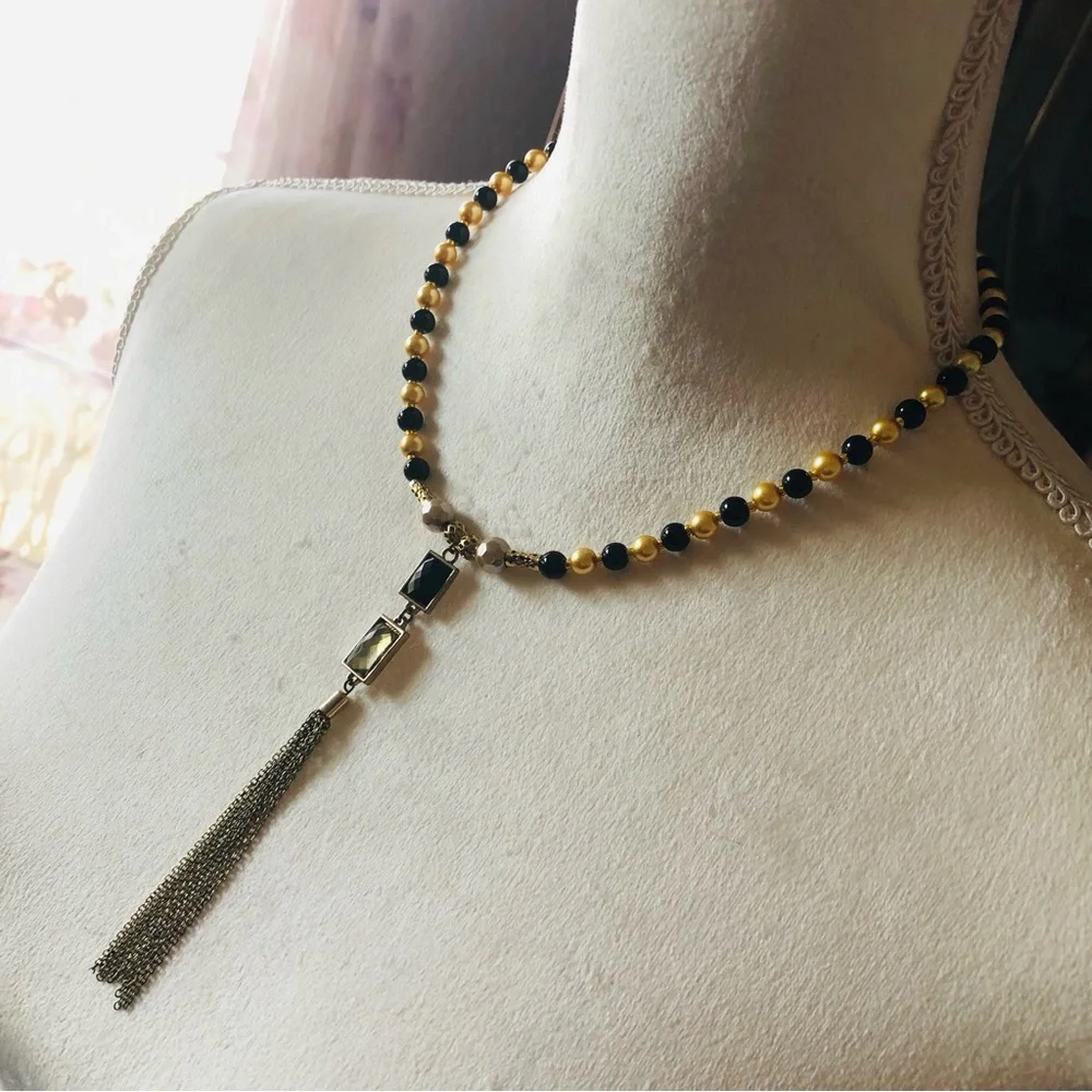 Handcrafted repurpose black and gold chain fringe Czech glass Pearl necklace